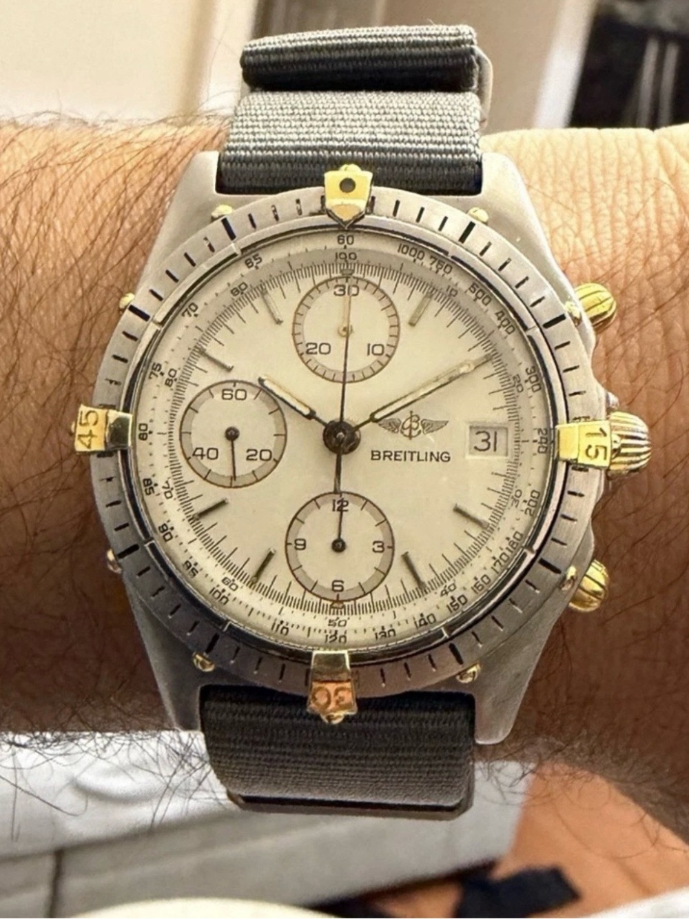 Vintage Breitling Chronomat B13047 18k Gold Steel White Dial Automatic Watch